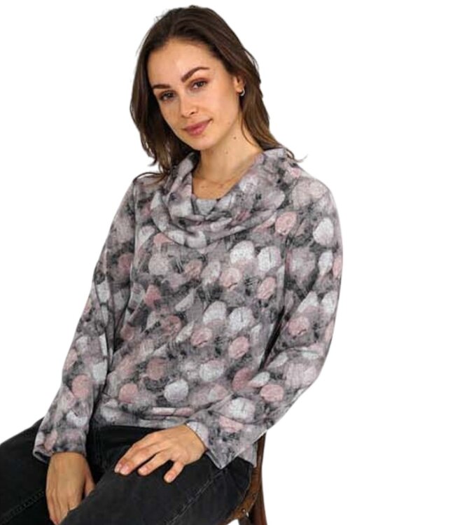zachte dames pullover met hangcol en print oudroze Gabriella K.