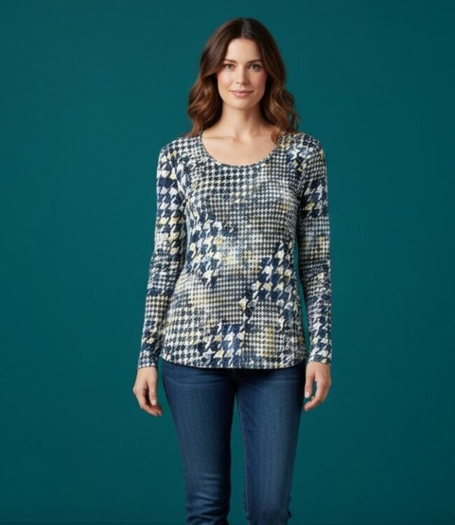 dames t- shirt lange mouw pepita print blauw Marinello
