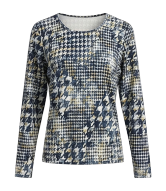 Marinello dames t- shirt lange mouw pepita print blauw Marinello