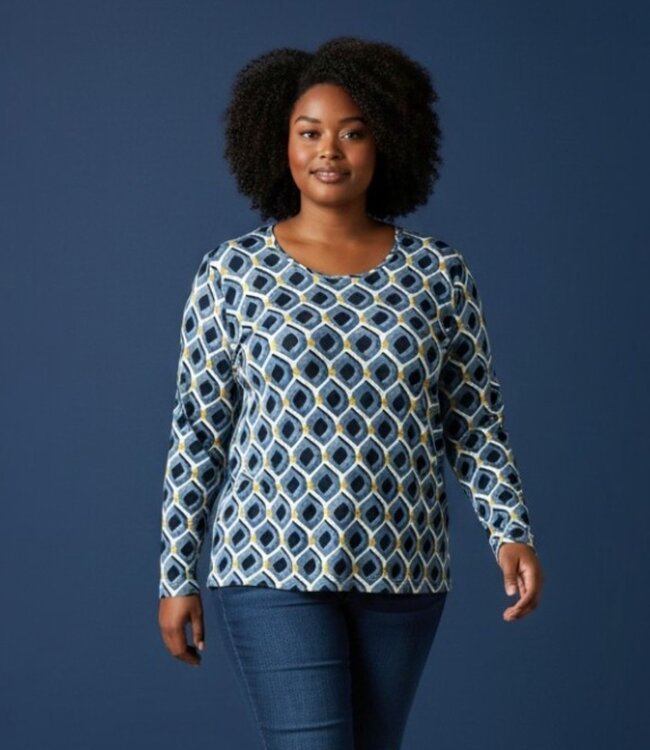 dames t- shirt lange mouw geo- print jeansblauw Marinello