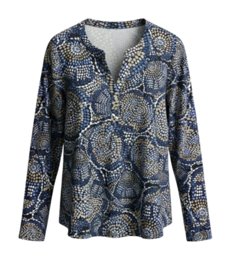 Brandtex. dames t- shirt (geruwd) pebble- print blauw- taupe Brandtex