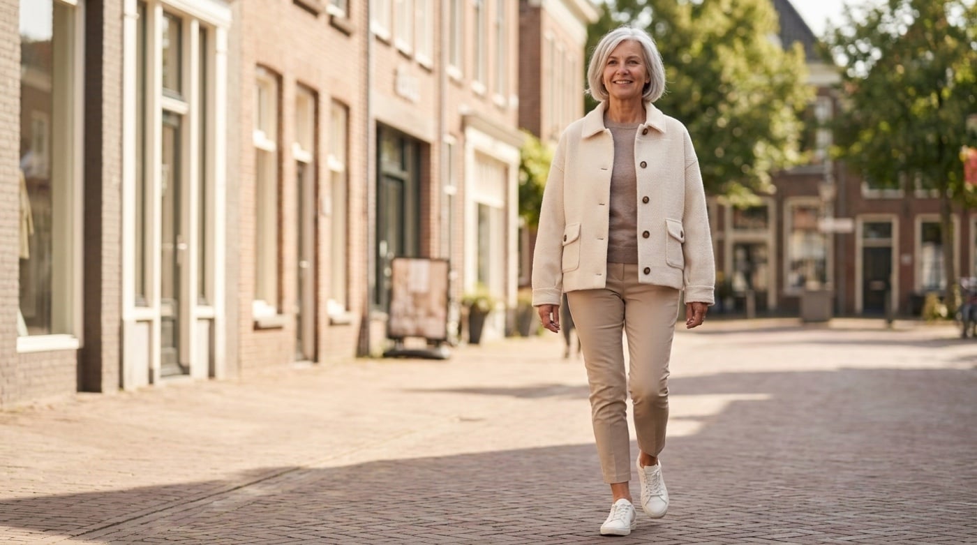 vrouw in een roomwit visgraatjasje met bruine knopen en een beige broek in een winkelstraat