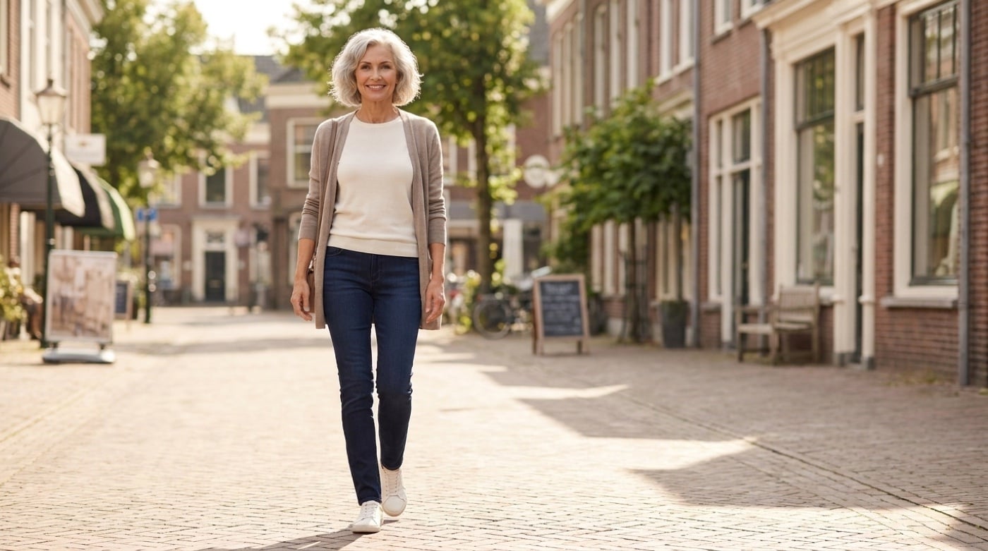 vrouw in een donkerblauwe rechte spijkerbroek met een offwhite trui en beige vest in een winkelstraat