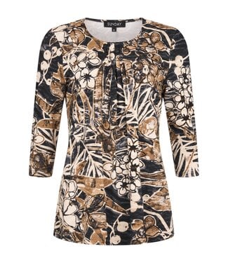 Sunday dames t- shirt met plooitjes en botanische print camel- bruin Sunday