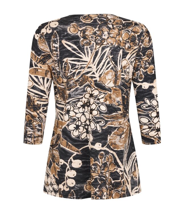dames t- shirt met plooitjes en botanische print camel- bruin Sunday
