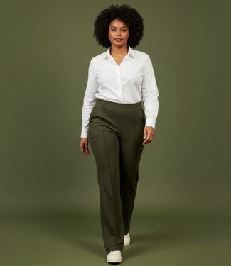 M.X.O. flared stretch broek elastische band stikplooi olijfgroen M.X.O.