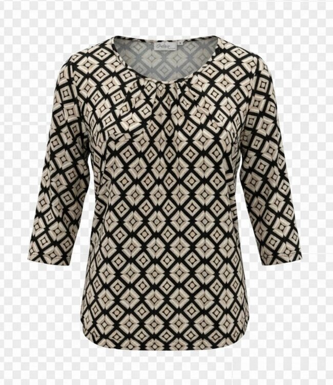 dames blouson shirt 3/4 mouw mozaiek camel- zwart print