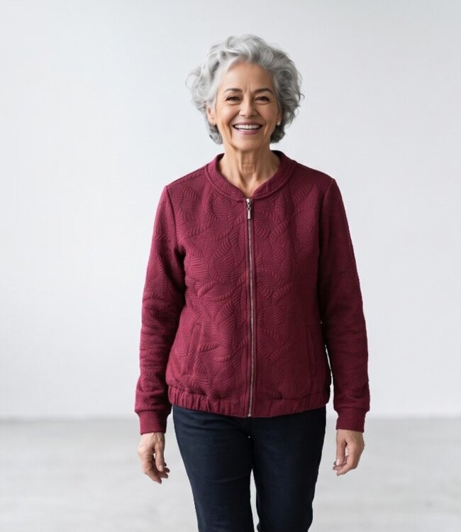 bomber jasje dames met structuur- print bordeaux- rood Signature