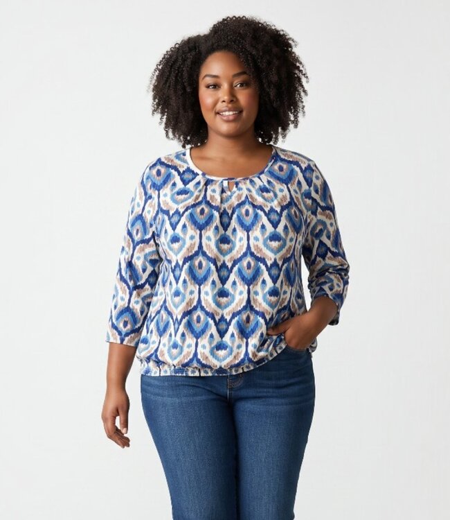 dames blouson shirt 3/4 mouw egypt beige- blauw