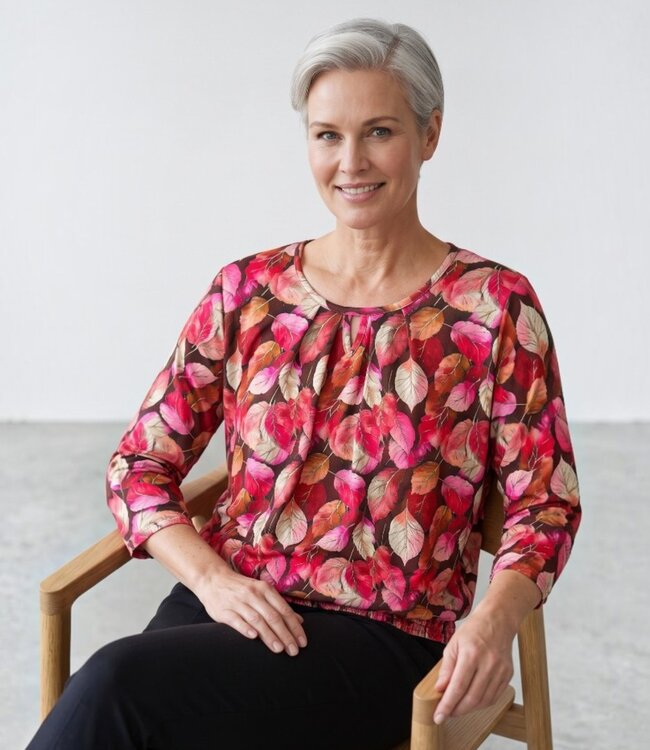 dames blouson shirt 3/4 mouw bladeren multicolor