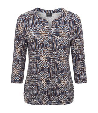 Brandtex. dames blouson shirt met elastiek en print met knopen blauw Brandtex