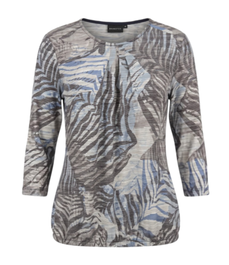 Brandtex. dames blouson shirt elastiek met print en streep blauw Brandtex