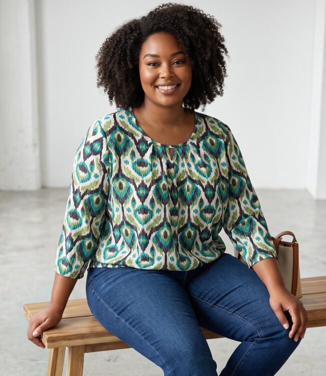 dames blouson shirt 3/4 mouw bohemian green print
