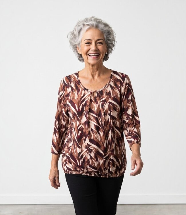 dames blouson shirt 7/8 mouw autumn leaves print bruin-roest