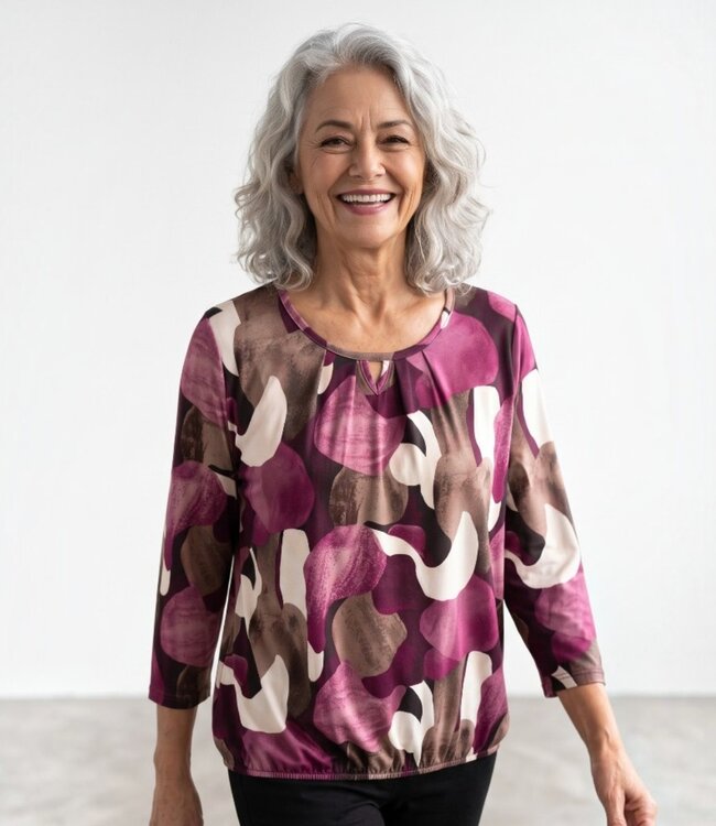 dames blouson shirt 7/8 mouw bordeaux mosaic print