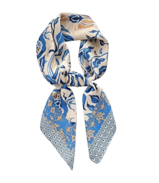 BLAUW korte vierkante dames sjaal mediterraanse print blauw- wit 70x70cm