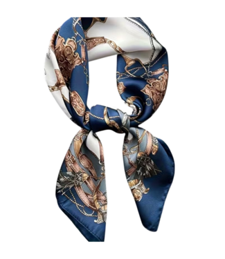 BLAUW korte vierkante dames sjaal kettingpatroon marineblauw 70x70cm