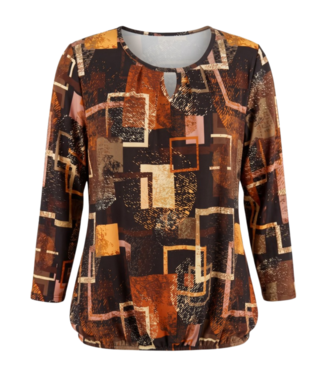 BLAUW dames blouson shirt 7/8 mouw blokken bruin- geel