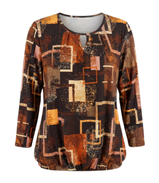 BLAUW dames blouson shirt 7/8 mouw blokkenprint bruin-geel