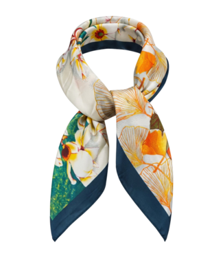 BLAUW korte vierkante dames sjaal bloemenprint petrol-goud-rood 70x70cm