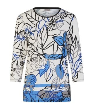 Barbara Lebek dames t- shirt met bloemen print blauw- wit 7/8 mouw Barbara Lebek