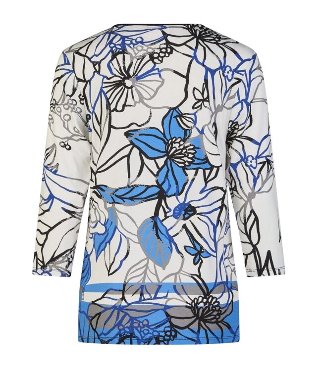 dames t- shirt met bloemen print blauw- wit 7/8 mouw Barbara Lebek