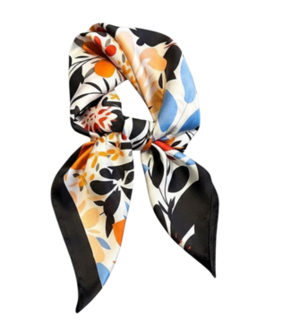 BLAUW korte vierkante dames sjaal fleurige print zwart 70x70cm