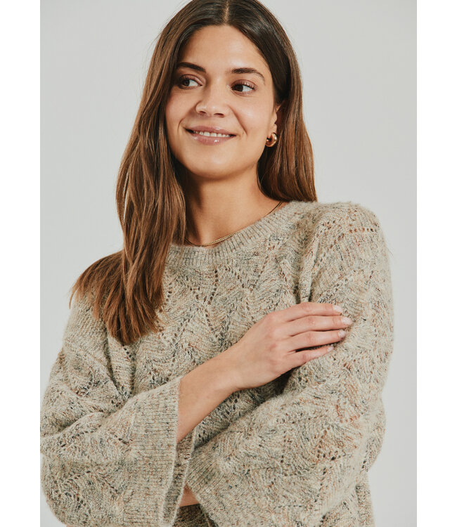 wollen dames trui opengewerkt "Estweed pullover" taupe FreeQuent