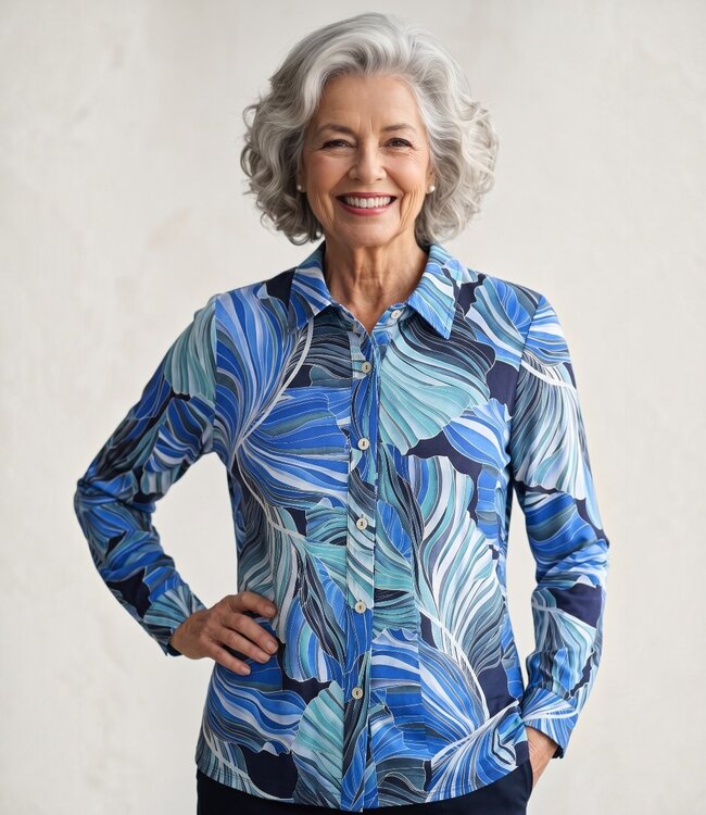 stretch blouse met knopen en print dames blauw Gabriella. K