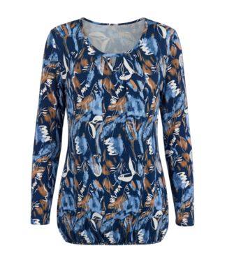 BLAUW dames blouson shirt 7/8 mouw fantasyprint blauw- bruin