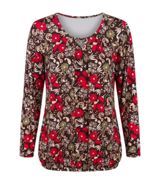 BLAUW dames blouson shirt L/M ornamentale bloemen bruin- rood