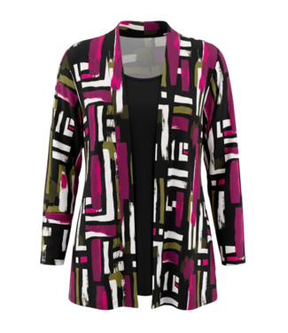 BLAUW twinset met 3/4 mouwlengte blokkenprint aubergine- groen