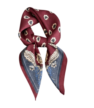 BLAUW korte vierkante dames sjaal bloemenprint bordeaux-jeans 70x70cm