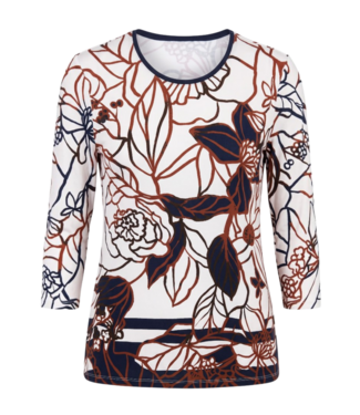 Barbara Lebek dames t- shirt met bloemen print beige- marine 7/8 mouw Barbara Lebek