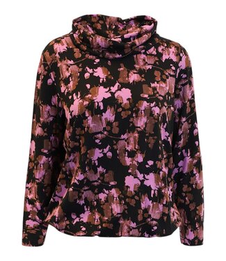 Signature Blouson shirt dames met hangcol en print zwart- roze Signature
