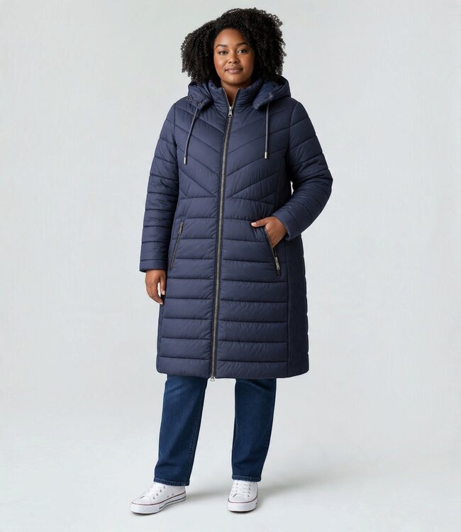Lange winterjas met afritsbare capuchon marine CherryBerry