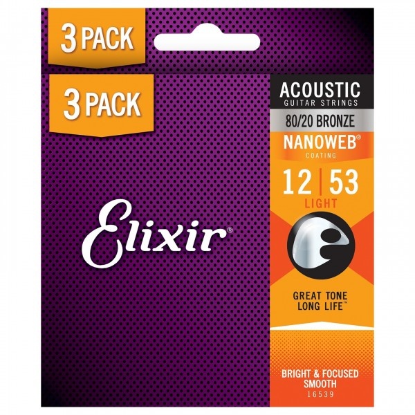 Elixir Elixir 16539 Nanoweb Acoustic 12-53 80/20 Bronze 3-Pack