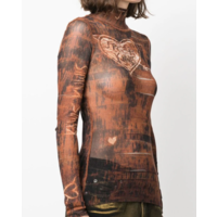 HIGH NECK LONG SLEEVES PRINTED "SCRATCH WOOD" BROWN/ECRU