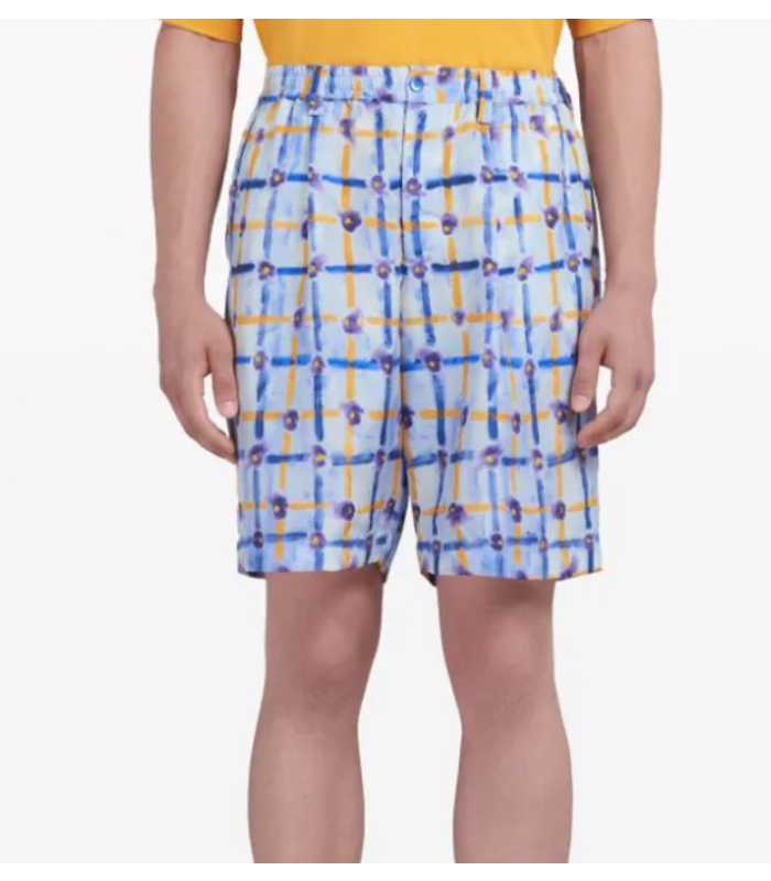 LIGHT BLUE HABOTAI SILK DRAWSTRING SHORTS WITH SARABAND PRINT