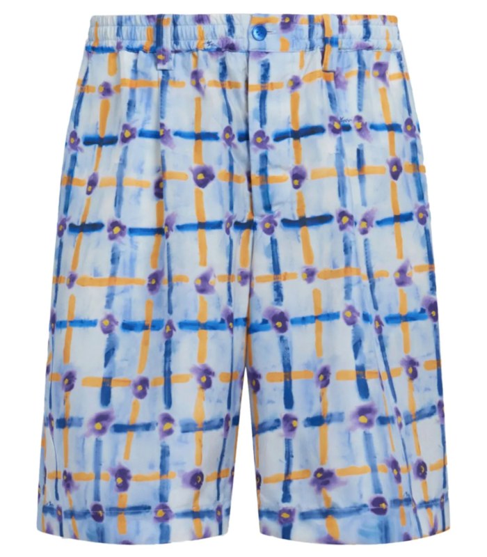 LIGHT BLUE HABOTAI SILK DRAWSTRING SHORTS WITH SARABAND PRINT