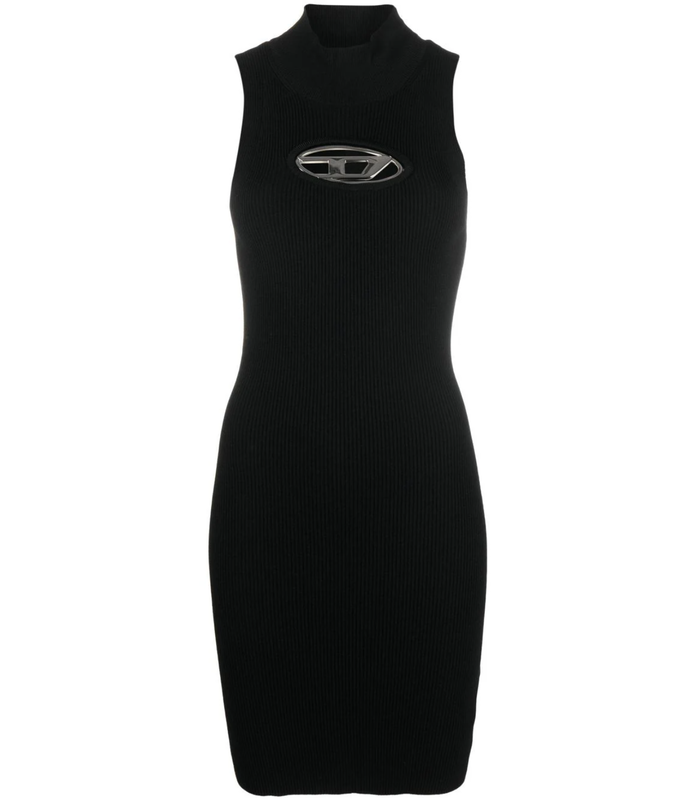 MINI DRESS WITH CUT OUT AND LOGO PLAQUE DETAIL -  BLACK