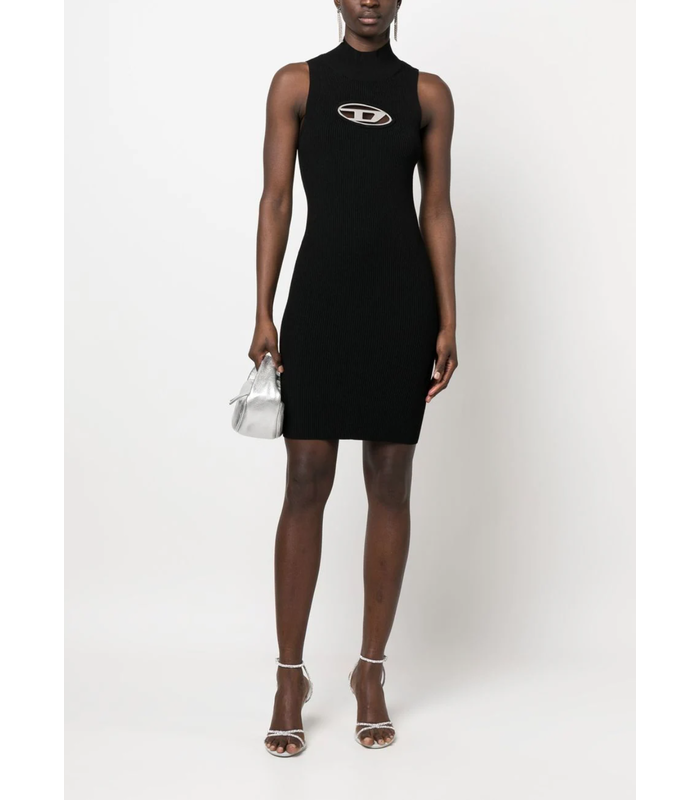 MINI DRESS WITH CUT OUT AND LOGO PLAQUE DETAIL -  BLACK