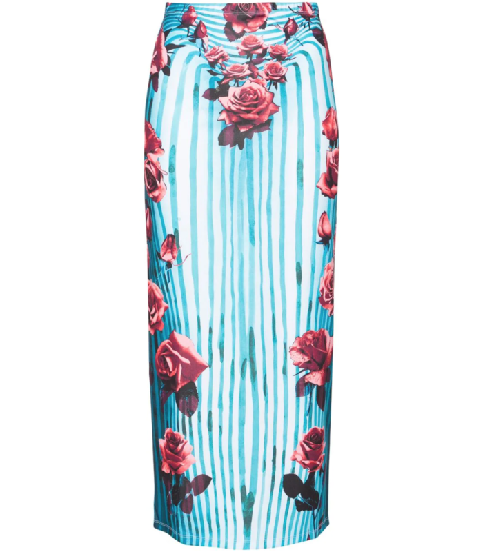 JERSEY LONG SKIRT PRINT BLUE/RED/WHITEED "FLOWER BODY MORPHING"