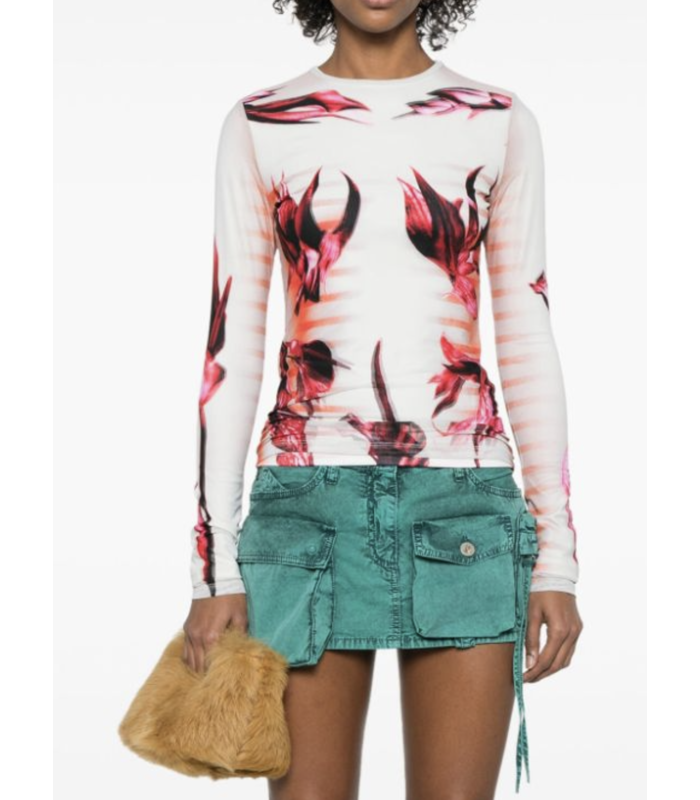 MESH AND STRETCH JERSEY DOUBLE LAYERED LONG SLEEVES TOP PRINTED MINT/PALEPINK/RED