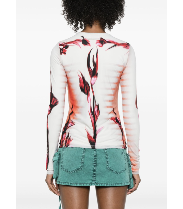MESH AND STRETCH JERSEY DOUBLE LAYERED LONG SLEEVES TOP PRINTED MINT/PALEPINK/RED