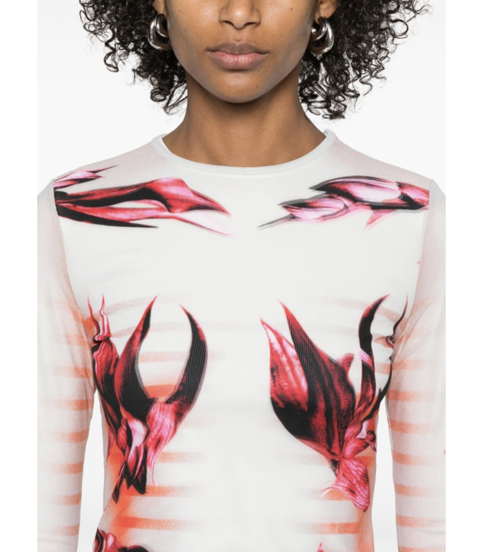 MESH AND STRETCH JERSEY DOUBLE LAYERED LONG SLEEVES TOP PRINTED MINT/PALEPINK/RED