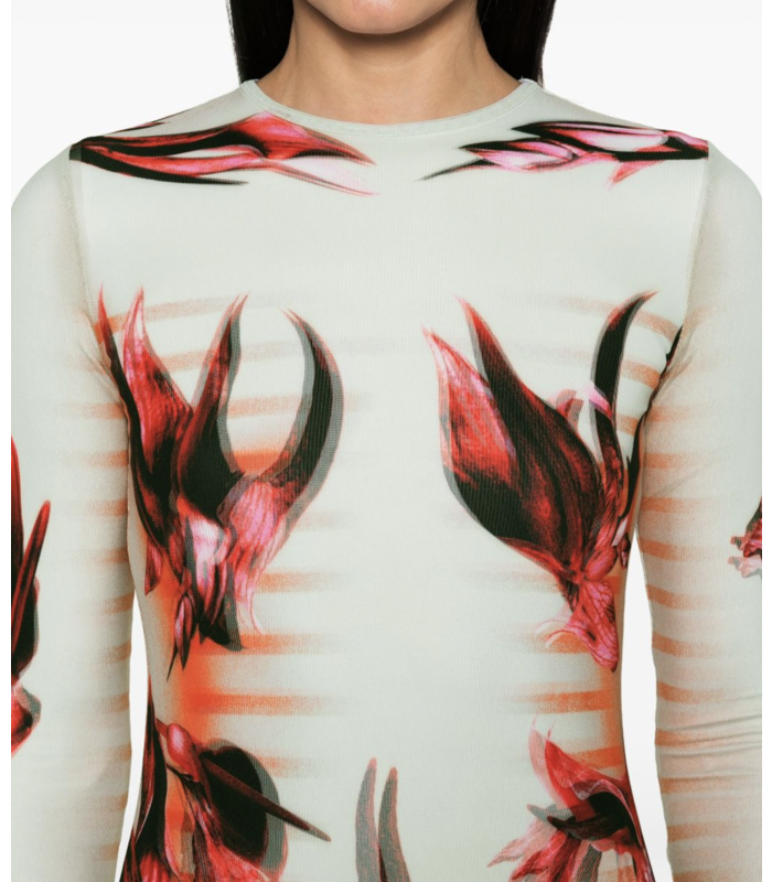 MESH AND STRETCH JERSEY DOUBLE LAYERED LONG SLEEVES DRESS PRINTED MINT/PALEPINK/RED