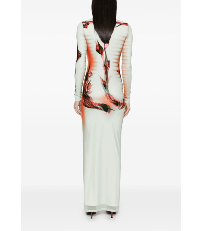 MESH AND STRETCH JERSEY DOUBLE LAYERED LONG SLEEVES DRESS PRINTED MINT/PALEPINK/RED