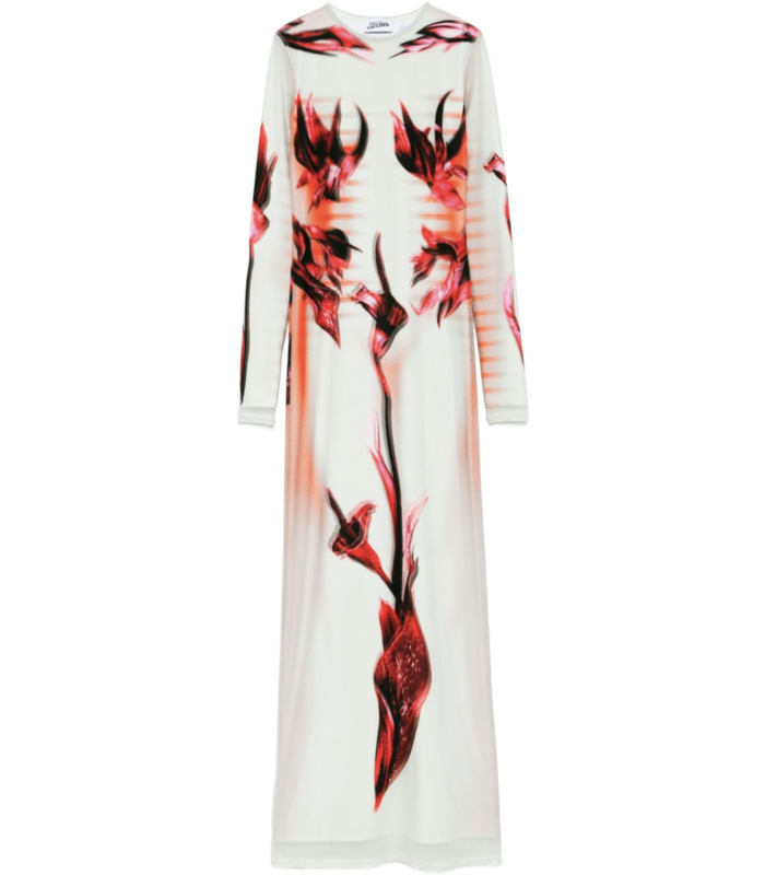 MESH AND STRETCH JERSEY DOUBLE LAYERED LONG SLEEVES DRESS PRINTED MINT/PALEPINK/RED