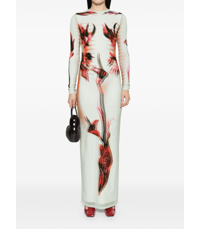 MESH AND STRETCH JERSEY DOUBLE LAYERED LONG SLEEVES DRESS PRINTED MINT/PALEPINK/RED
